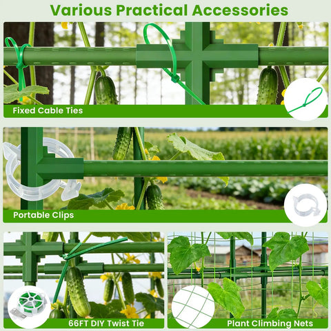Close-up of U Shape Garden Trellis accessories including cable ties, clips, and climbing nets for cucumbers and vegetables.
