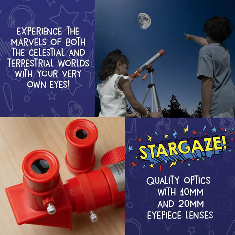 Two kids using Kid Friendly Telescope And Astronomy Kit With 25X And 50X Magnification under the night sky.