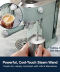 Compact Espresso Machine And Cold Brew Coffee Maker With Adjustable Milk Frother Wand For Smooth Hot Iced Lattes And Bold Cappuccinos. Close-up of steam wand frothing milk.