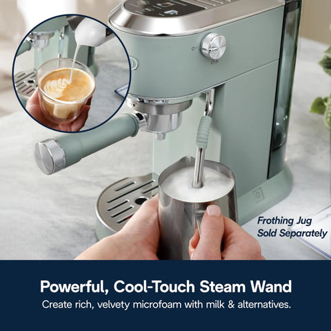 Compact Espresso Machine And Cold Brew Coffee Maker With Adjustable Milk Frother Wand For Smooth Hot Iced Lattes And Bold Cappuccinos. Close-up of steam wand frothing milk.