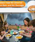Family dining inside RV with visible RV Sealant Tape package labeled 'RV Roof Tape Sealant 4 Inch 50 Foot Natural White Heavy Duty Roof Repair Tape' on table.