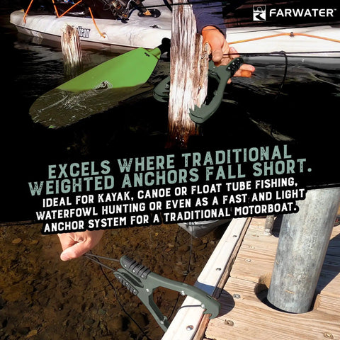 Canoe Kayak Anchor Grip With Teeth Clamps And 15ft Paracord, Patented Design For Securing Boats, Rubber Grips, Coated Steel, Matte Green.