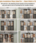 Rock Solid Black Oak L Shaped Closet Organizer System With Twelve Super Spacious Drawers And Four Expandable Hanging Rods in various layouts.