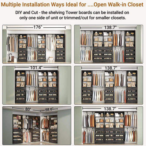 Rock Solid Black Oak L Shaped Closet Organizer System With Twelve Super Spacious Drawers And Four Expandable Hanging Rods in various layouts.