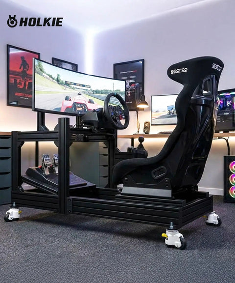 Racing simulator setup on Eight Pack Heavy Duty Retractable Caster Wheels With 4400 Lb Load, adjustable height features shown.