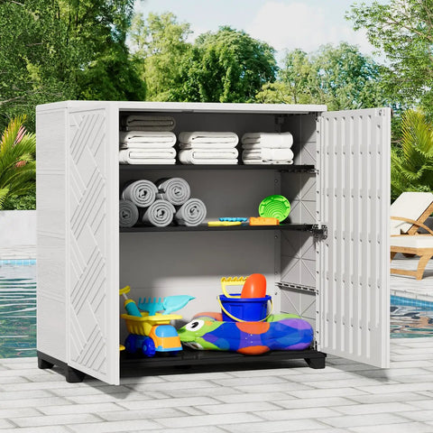 Waterproof Outdoor Storage Cabinet With Two Shelves 60 Gallon Resin Shed for patio displaying towels and toys by pool