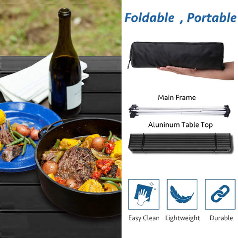 Portable Aluminum Camping Table With Foldable Aluminum Table Top And Stable Triangle Frame No Fuss Easy Carry For Outdoor Adventures Beach Picnics BBQs Festivals And Home Use Built Tough For Sand Grass Or Deck with cookware on table