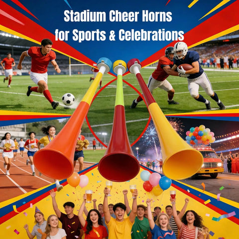 Six Pack Stadium Horns Vuvuzelas Extendable Eleven Inch Plastic Noise Makers for Game Day Tailgates Deep Roar display