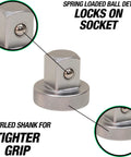 Close-up of low profile socket adapter from the Three-Piece Kit, showing spring-loaded ball detent and knurled shank for grip.