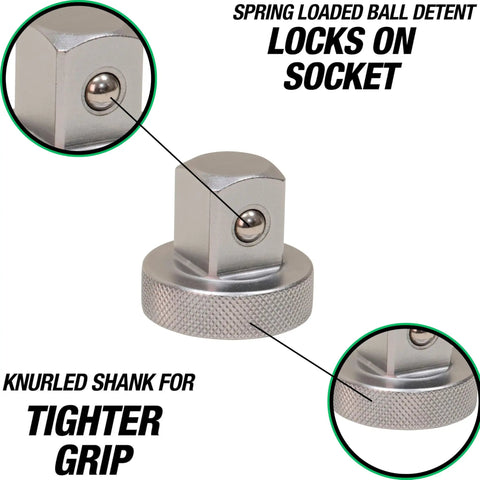 Close-up of low profile socket adapter from the Three-Piece Kit, showing spring-loaded ball detent and knurled shank for grip.