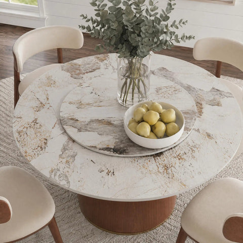 Built Different 53 Inch Round Dining Table Featuring Removable Lazy Susan Gold Ring Faux Marble Top with bowl of lemons.