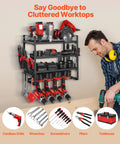 Power Tool Organizer Wall Mount Four Tier Storage Rack with Four Drill Holders and Screwdriver Holder for Garage Shop