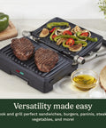 Cuisinart Griddler Indoor Grill And Panini Press With Removable Nonstick Plates grilling steaks and vegetables on a countertop.