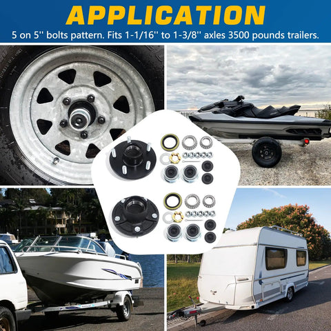 Two Sets 5 on 5 Inch Trailer Hub Kit For 3500 Lb Axles Fits 1-1/16 To 1-3/8 Tapered Spindle 84 trailer applications