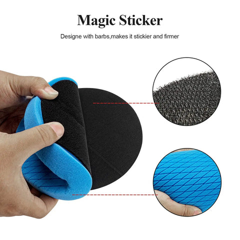 Hands showing the magic sticker feature on a 5 Inch Buffing Polishing Pads Kit With Six Pcs Sponge And Wool Pads For A 5 Inch Backing Plate Detailing Polisher Car Waxing And Glaze Shine Boost Pro Grade All In One Pad Set For A Showroom Ready Finish.