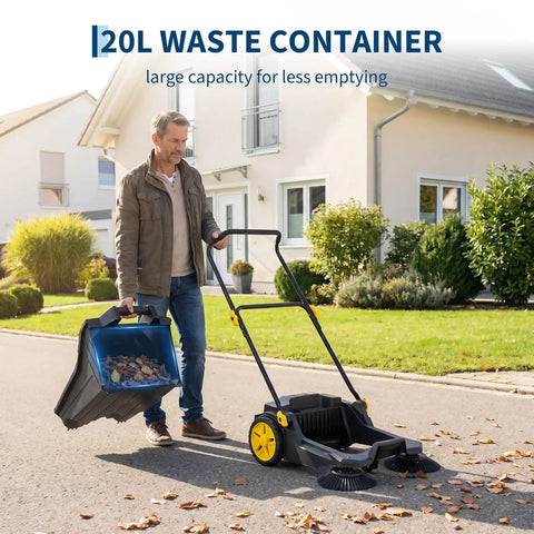 26 Inch Manual Push Floor Sweeper With 5 Gallon Waste Bin, Heavy Duty Walk Behind Hand Sweeper For Industrial Shop And Garage Use, Foldable Handle Design Perfect For Outdoor Street Cleaning Tasks