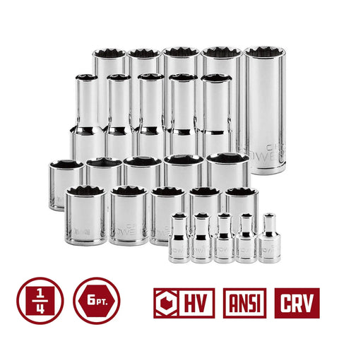 47 Piece Socket Set With Ratchet And Accessories, 1/4 Inch Drive, SAE And Metric Sockets, All In One Storage Tray, Pro Tech Tools Series, Heavy Duty CRV Steel, Mirror Chrome Finish, Model 949004 showcasing arrangement of various sockets