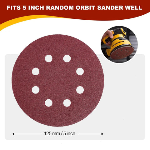 52 Piece Sander Pad And Discs Combo Kit With 2 Pack 5 Inch 8 Hole Hook And Loop Pads And 50 Sanding Discs In Grit Range 40 60 80 120 180 240 For DeWalt Random Orbital Sanders DWE6421 DWE6423 DCW210B Pro Grade Heavy Duty, showing a 5-inch sanding disc with 8 holes.