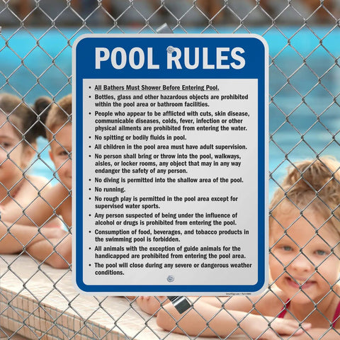Pool Rules Sign 24 X 18 Inch Must Shower No Spitting No Diving No Running Aluminum Exterior Sign 80 Mil Laminated