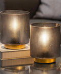 Battery Operated Lamp With Timer Cordless Table Lamp For Bedroom Glass Shade Accent Light For Living Room Bedside Nightstand Home Decor Set Of 2 Grey Matte with illuminated cylindrical glass shade on metallic base
