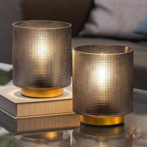 Battery Operated Lamp With Timer Cordless Table Lamp For Bedroom Glass Shade Accent Light For Living Room Bedside Nightstand Home Decor Set Of 2 Grey Matte with illuminated cylindrical glass shade on metallic base