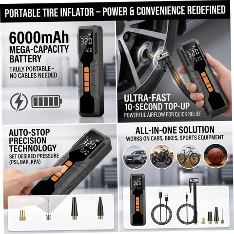 Ride Ready Cordless Car Tire Inflator And Portable Air Compressor Featuring Hella Smooth Operation 6000 mAh Quick Fill Pump with digital display for precise tire pressure.