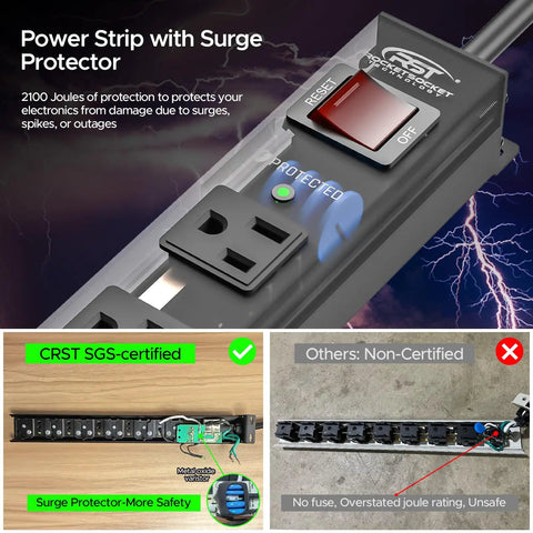 Heavy Duty 8 Outlet Metal Power Strip With 2100J Surge Protector showing safety features and certification comparison.