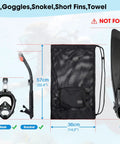 Mesh Snorkel Gear Bag With Drawstring Lightweight Breathable Beach Backpack For Mask Snorkel Goggles Towel And Swim Essentials Easy Cinch Storage Organizer shown with snorkel gear and short fins.