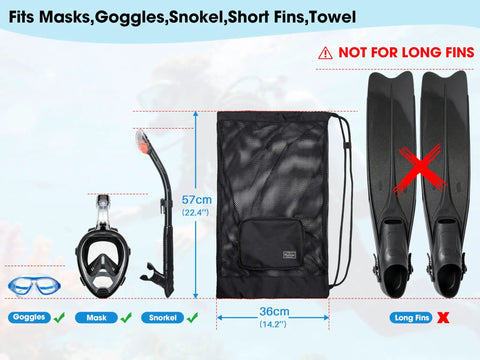 Mesh Snorkel Gear Bag With Drawstring Lightweight Breathable Beach Backpack For Mask Snorkel Goggles Towel And Swim Essentials Easy Cinch Storage Organizer shown with snorkel gear and short fins.