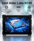 Rugged 10.1 Inch Tablet PC With Windows 11 Pro And Intel N100 Processor showcasing specs on screen with blue circuit background.