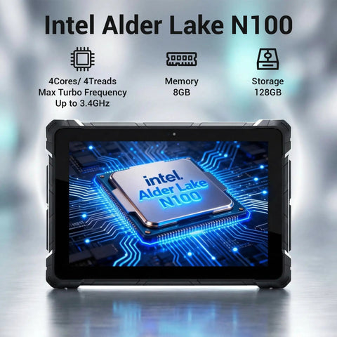 Rugged 10.1 Inch Tablet PC With Windows 11 Pro And Intel N100 Processor showcasing specs on screen with blue circuit background.
