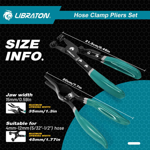 Front view of two LIBRATON hose clamp pliers with green handles; swivel jaws for hose removal and installation.