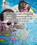 Two children wearing sunglasses and colorful floaters in a swimming pool, text overlay about customer service and return policy.
