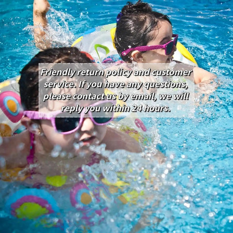 Two children wearing sunglasses and colorful floaters in a swimming pool, text overlay about customer service and return policy.