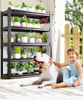 Heavy Duty Adjustable Metal Garage Shelving Unit For Basement, Pantry, Warehouse, Built To Last Sturdy Steel Storage Racks With 35.4 Inch Width, 15.7 Inch Depth, 71.2 Inch Tall, Space Saving Organizer with potted plants