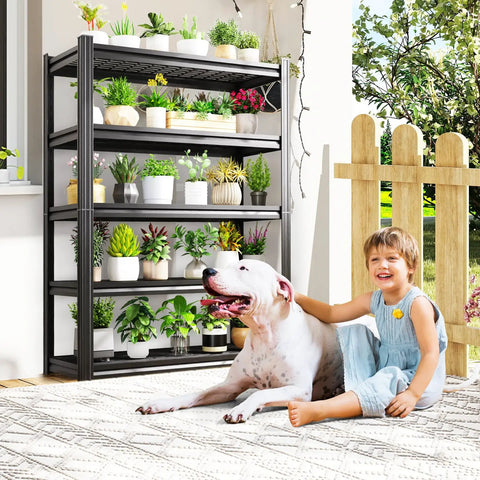 Heavy Duty Adjustable Metal Garage Shelving Unit For Basement, Pantry, Warehouse, Built To Last Sturdy Steel Storage Racks With 35.4 Inch Width, 15.7 Inch Depth, 71.2 Inch Tall, Space Saving Organizer with potted plants