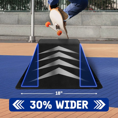 Single-Piece Skateboard Ramp For Beginners, 44 Inches Long, features a wider 18-inch base, durable non-slip textured surface, shown during jump.