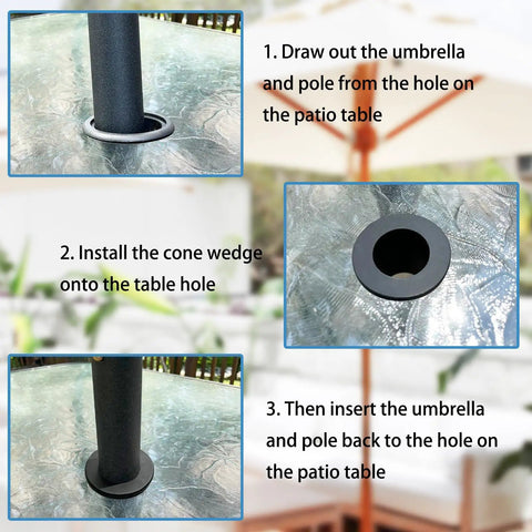 2 Piece Patio Umbrella Hole Ring Cone Wedge Plug Stabilizer Sleeve For Two To Two And A Half Inch Table Hole And One And A Half Inch Pole Adapter Black Easy Fit Universal For Outdoor Patio Tables And Umbrellas Durable installed on a patio table.