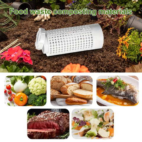 Compact In Ground Compost Bin For Small Gardens And Raised Beds Outdoor Tumbler Style Organic Waste Decomposer Two Gallon Capacity Fits In Pots Space Saving Design For Yards And Patios on soil with food waste around.