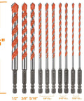 10-piece hex-shank concrete carbide masonry drill bit set, sizes 5/32 in to 1/2 in, for tile, cement, brick, glass, plastic