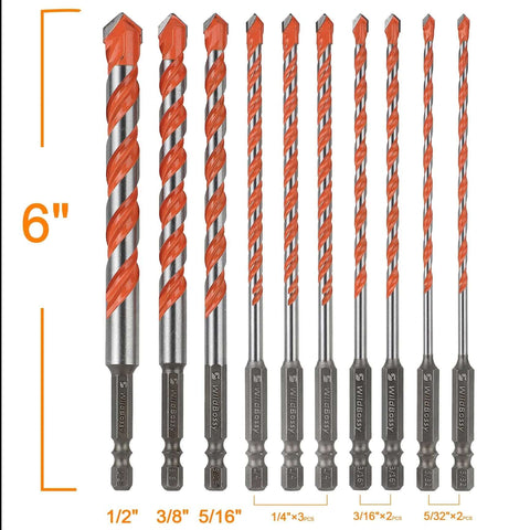 10-piece hex-shank concrete carbide masonry drill bit set, sizes 5/32 in to 1/2 in, for tile, cement, brick, glass, plastic