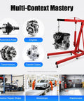 Heavy Duty Hydraulic Engine Hoist, 2 Ton Folding Shop Crane with engine, showcasing automotive repair and workshop settings.