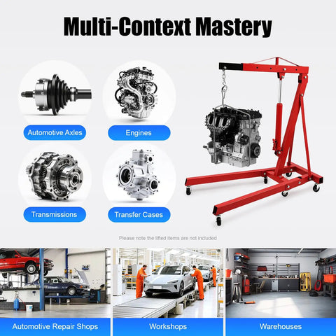 Heavy Duty Hydraulic Engine Hoist, 2 Ton Folding Shop Crane with engine, showcasing automotive repair and workshop settings.