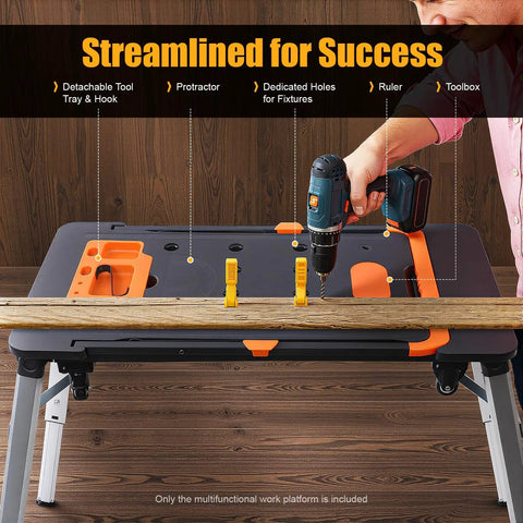 Tough As Nails Folding Work Table, 330 Lb Capacity Adjustable Workbench, 7 In 1 Roll Smooth Platform With Secure Grip Universal Wheels, Collapsible Auto Repair Skateboard And Shop Workhorse Cart For Trades