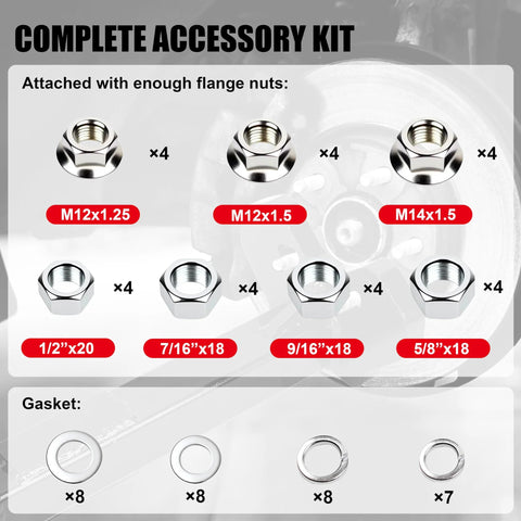 Complete accessory kit with flange nuts and gaskets for Universal Wheel Hub Removal Tool Kit, showing various bolt sizes for 5-8 lug hubs.
