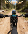 Rugged 3000W Peak Electric Dirt Bike LCD display with controls and 7-speed gear, handlebar view on trail
