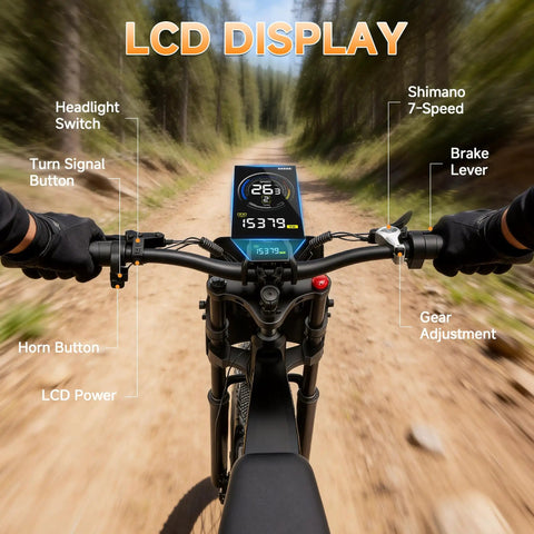 Rugged 3000W Peak Electric Dirt Bike LCD display with controls and 7-speed gear, handlebar view on trail