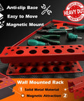 Red magnetic screwdriver holder and heavy duty tool organizer rack for garage wall mount keeps tools neat on pegboards.