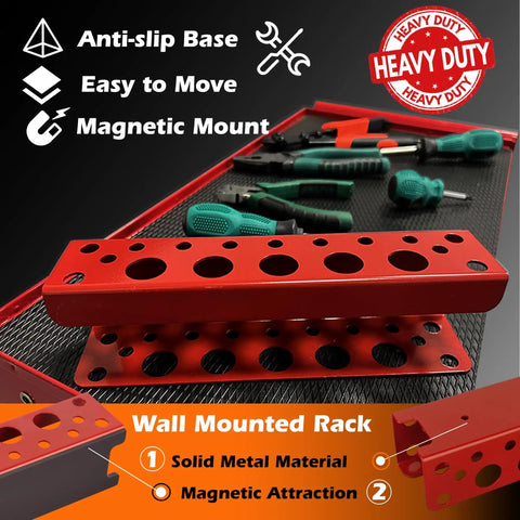 Red magnetic screwdriver holder and heavy duty tool organizer rack for garage wall mount keeps tools neat on pegboards.