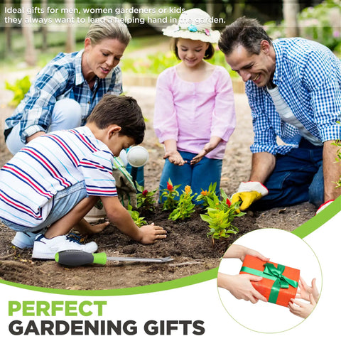 Family gardening together outdoors with children planting, showcasing perfect gardening gifts, focus on teamwork and enjoyment.